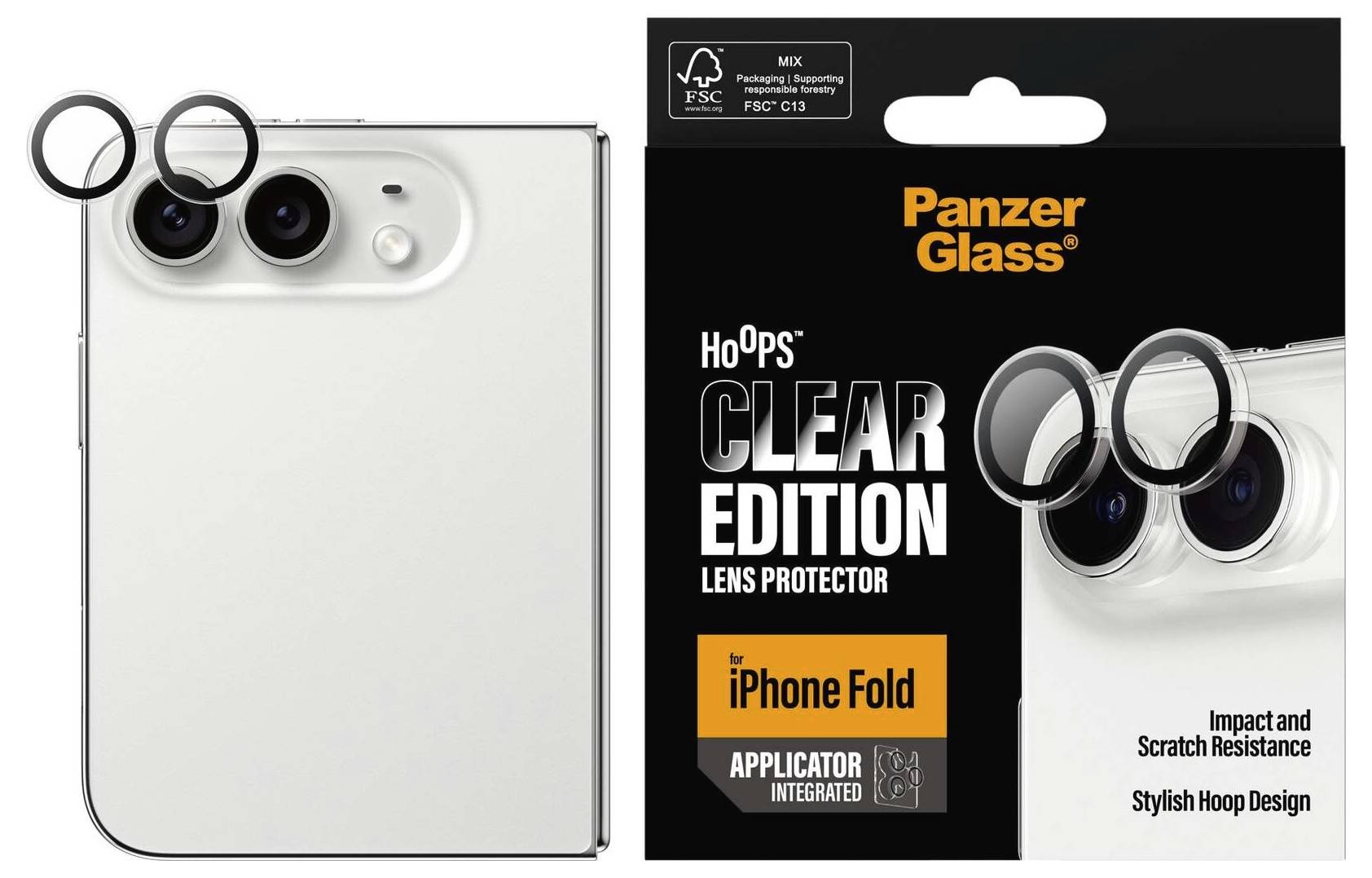Opakowanie ochrony obiektywu Panzer Glass 'Hoop's Clear Edition' dla iPhone Fold, pokazujące produkt zamocowany do aparatu telefonu w celu zapewnienia odporności na uderzenia i zadrapania.