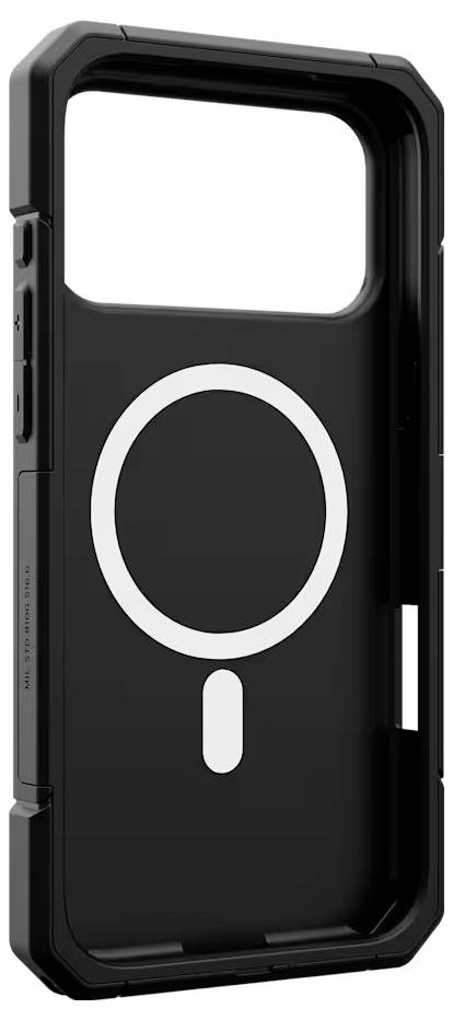 Czarna etui do smartfona z dużym, wyśrodkowanym pierścieniem w stylu MagSafe i otworem na kamerę u góry.