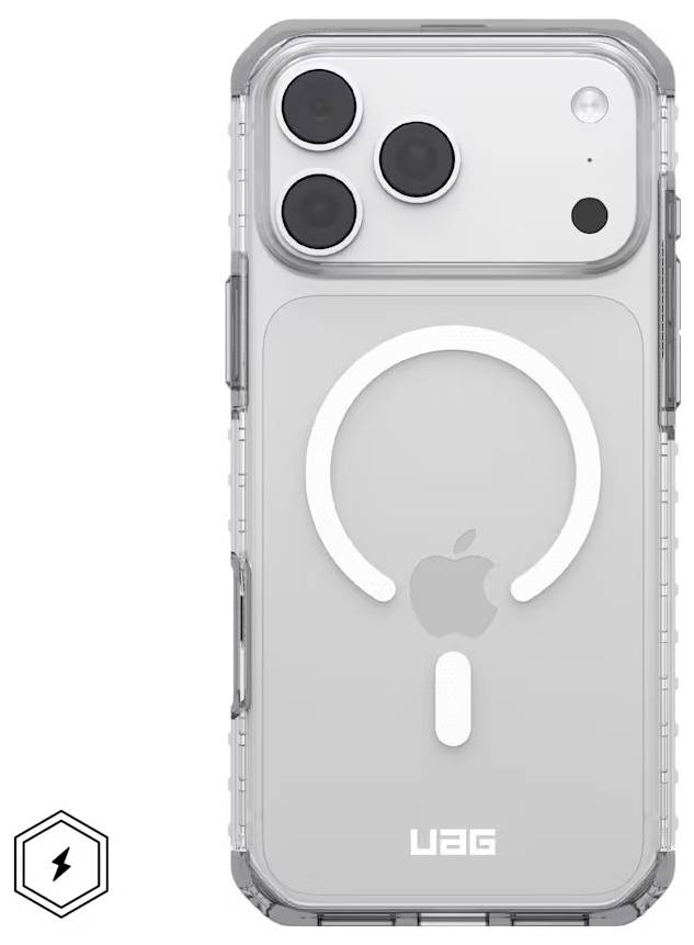 Przezroczyste etui iPhone UAG widoczne z tyłu, z pierścieniem MagSafe i wycięciami dla potrójnych obiektywów aparatu i lampy błyskowej.