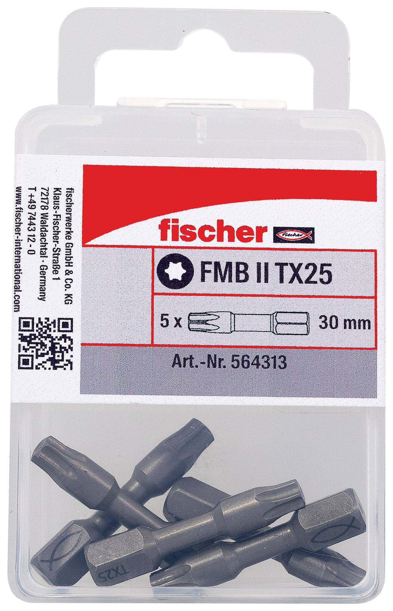 Plastikowe etui zestawu bitów Fischer FMB II TX25 Torx, zawierające bity 5 x 30 mm i etykietę produktu „Art.-Nr. 564313".