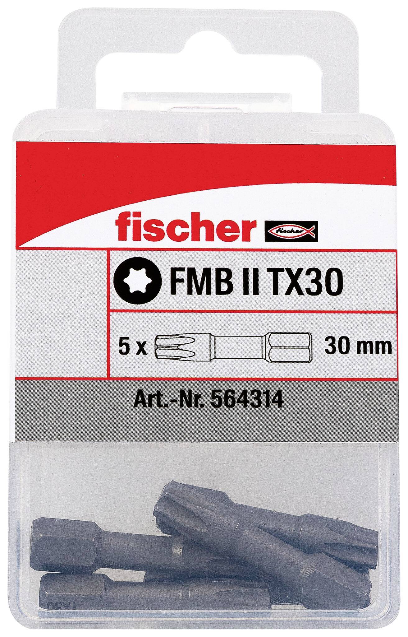 Zestaw kotwic Fischer FMB II TX30 w przezroczystym etui plastikowym, oznaczony 5 x 30 mm, numer artykułu 564314, z widocznymi czarnymi kotwicami wewnątrz.