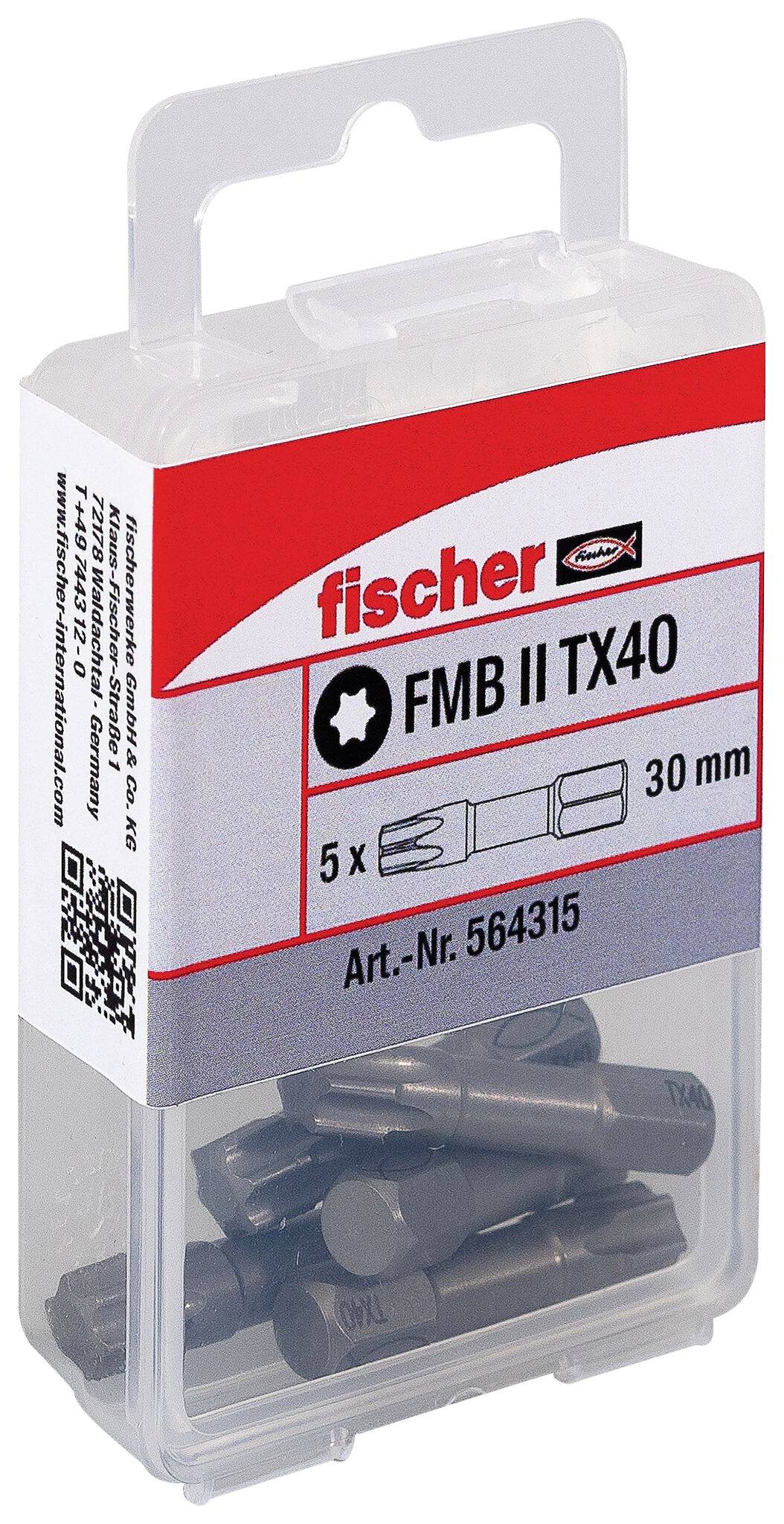 Przezroczyste opakowanie plastikowe kotwic ściennych Fischer FMB II TX40, oznaczone '5 x 30 mm' i 'Art.-Nr. 564315', z kilkoma kotwicami widocznymi w środku.