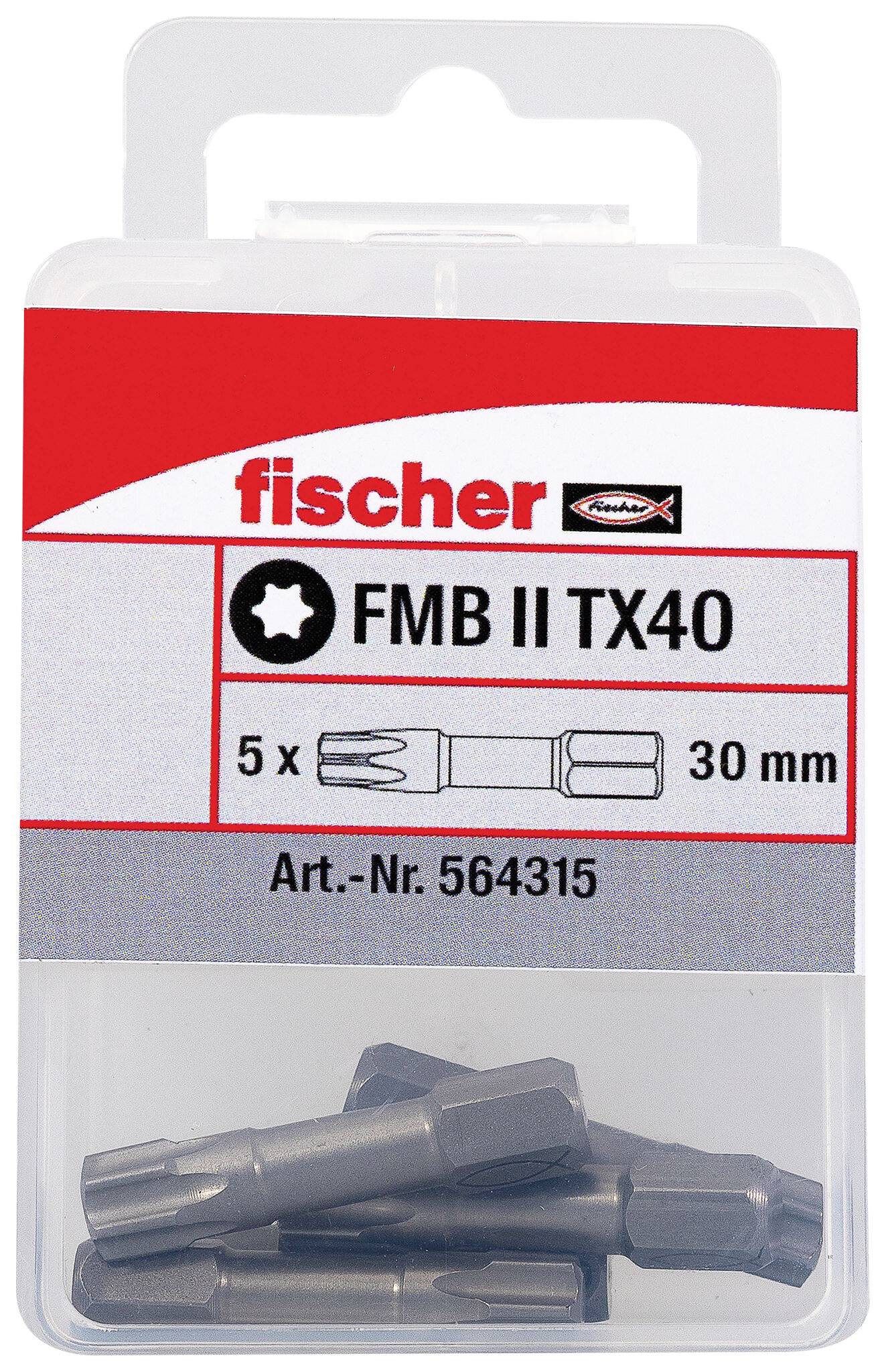 Opakowanie zaczepiów Fischer FMB II TX40, 5 sztuk, 30 mm, z bitami pokazane w przezroczystym plastikowym opakowaniu.