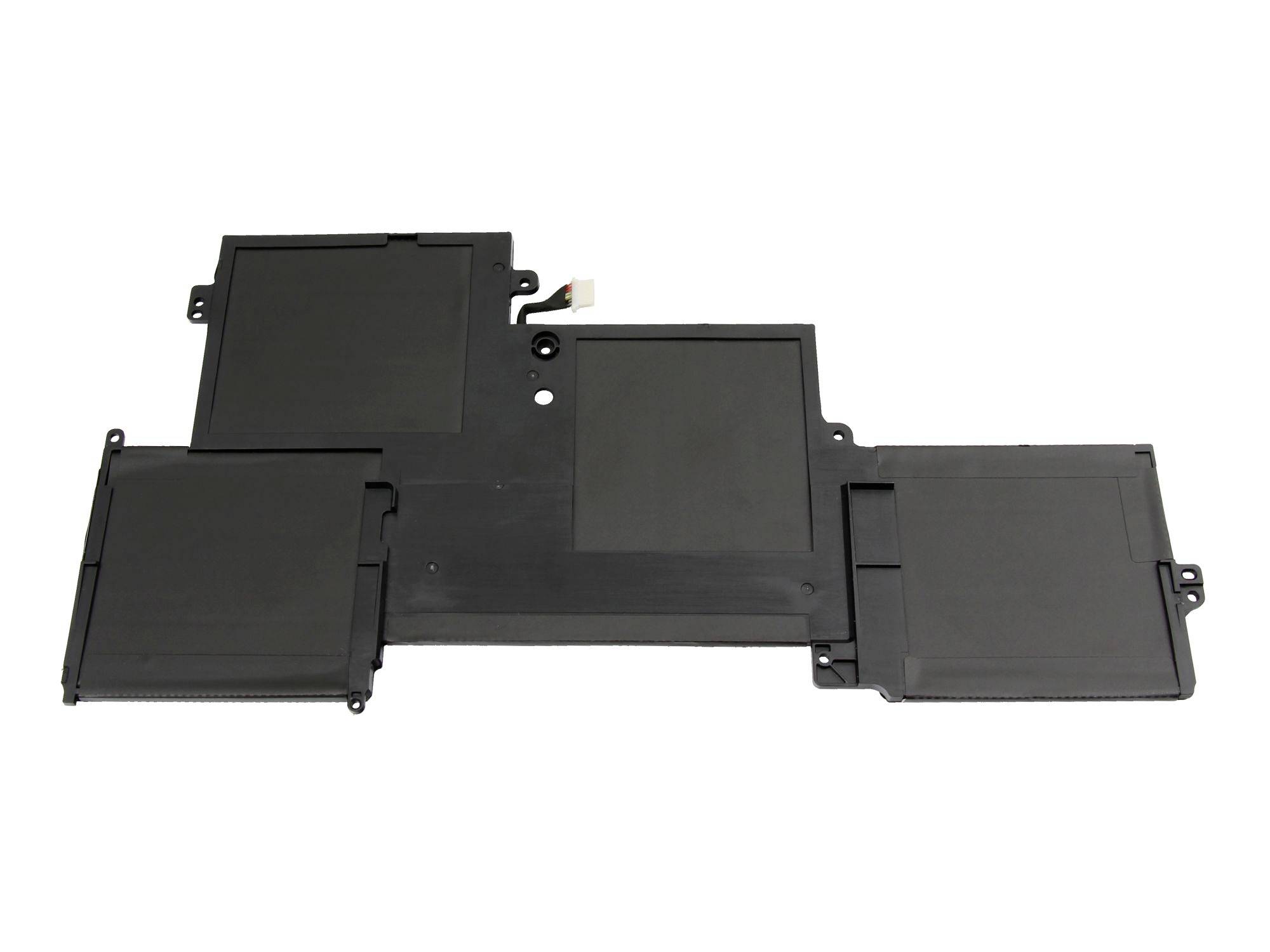 Czarna bateria do laptopa z wieloma prostokątnymi ogniwami ułożonymi w szerokim, płaskim module na białym tle.