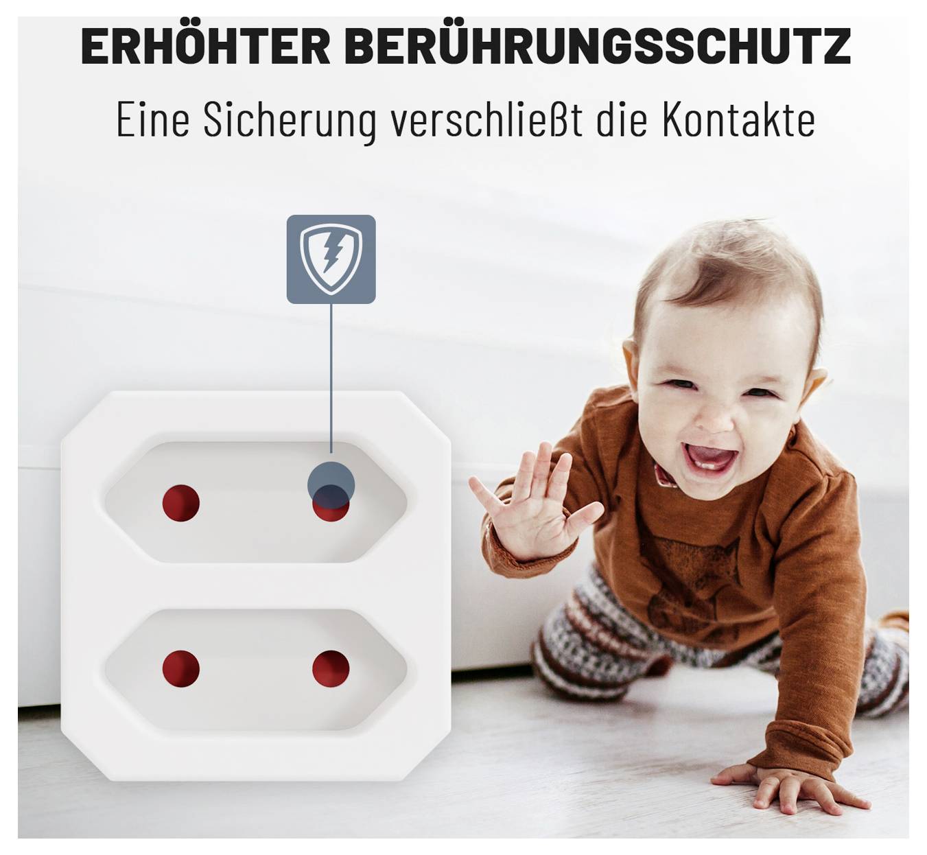 Grafika bezpieczeństwa z przedstawieniem małego dziecka pełzającego obok zakrytego gniazda elektrycznego; tekst brzmi „Zwiększona ochrona przed dotykiem" i „Zabezpieczenie zamyka kontakty".
