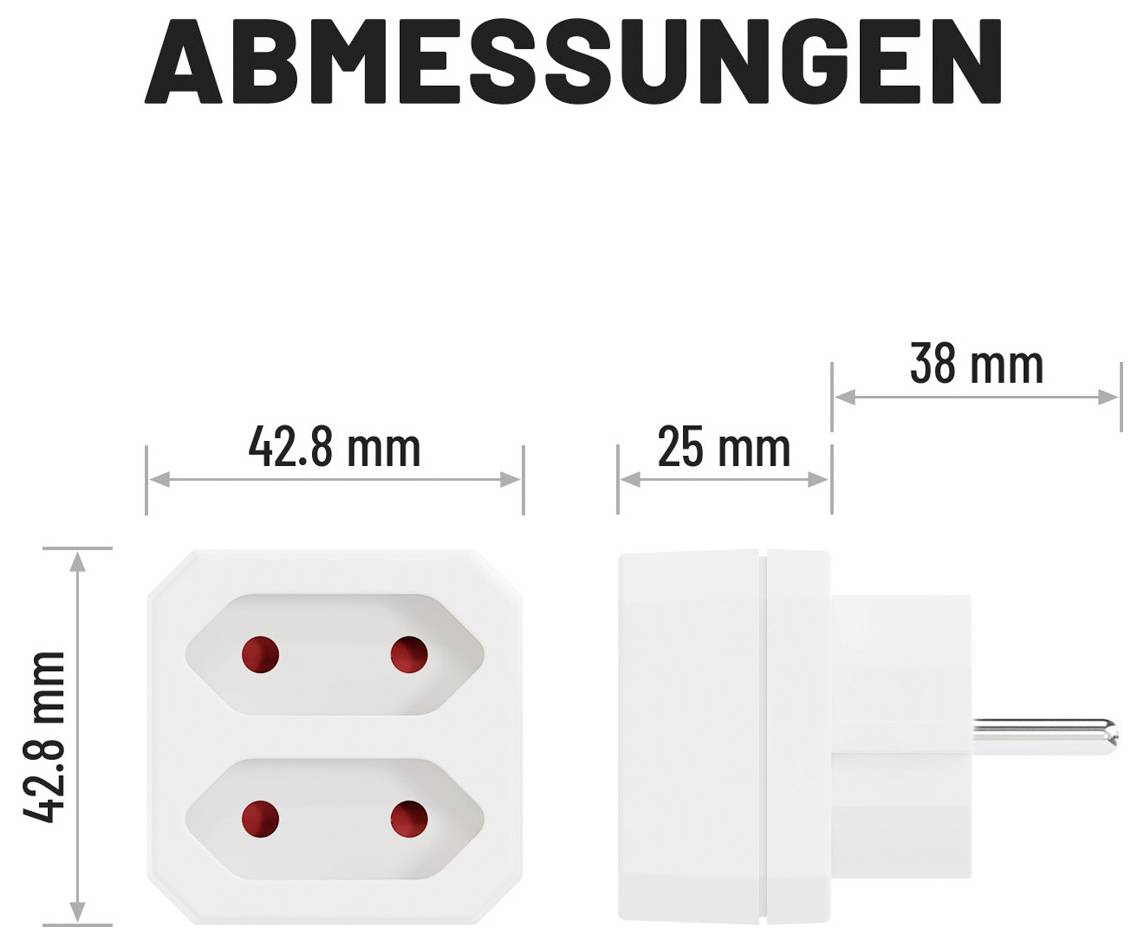 Diagram zatytułowany 'ABMESSUNGEN' pokazujący wymiary adaptera wtyczki: 42,8 mm szerokości i wysokości, 25 mm głębokości i 38 mm całkowitej głębokości z widoku bocznego.