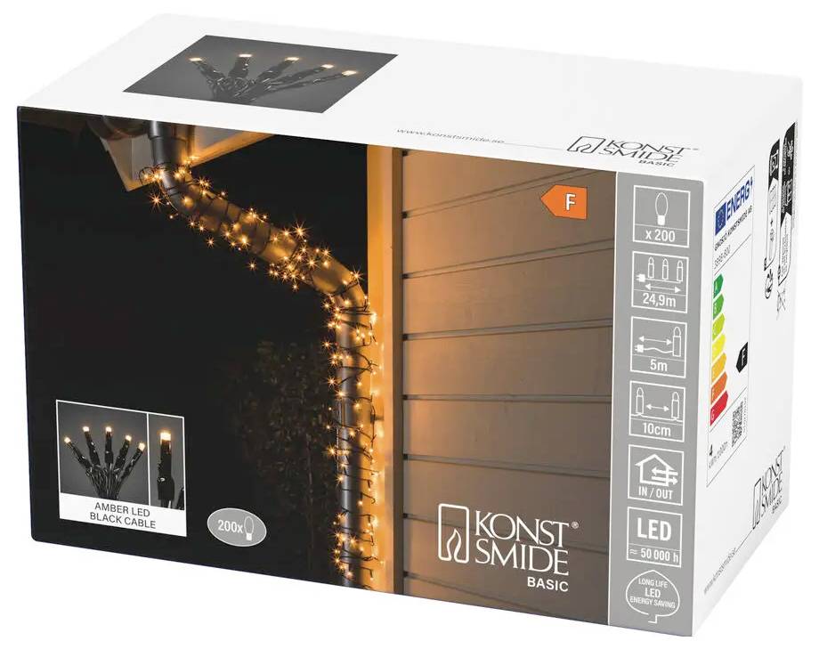 Konstsmide Basic żarówki LED w kolorze bursztynowym z czarnym kablem, 200 żarówek do użytku wewnętrznego/zewnętrznego, pokazane na opakowaniu produktu.
