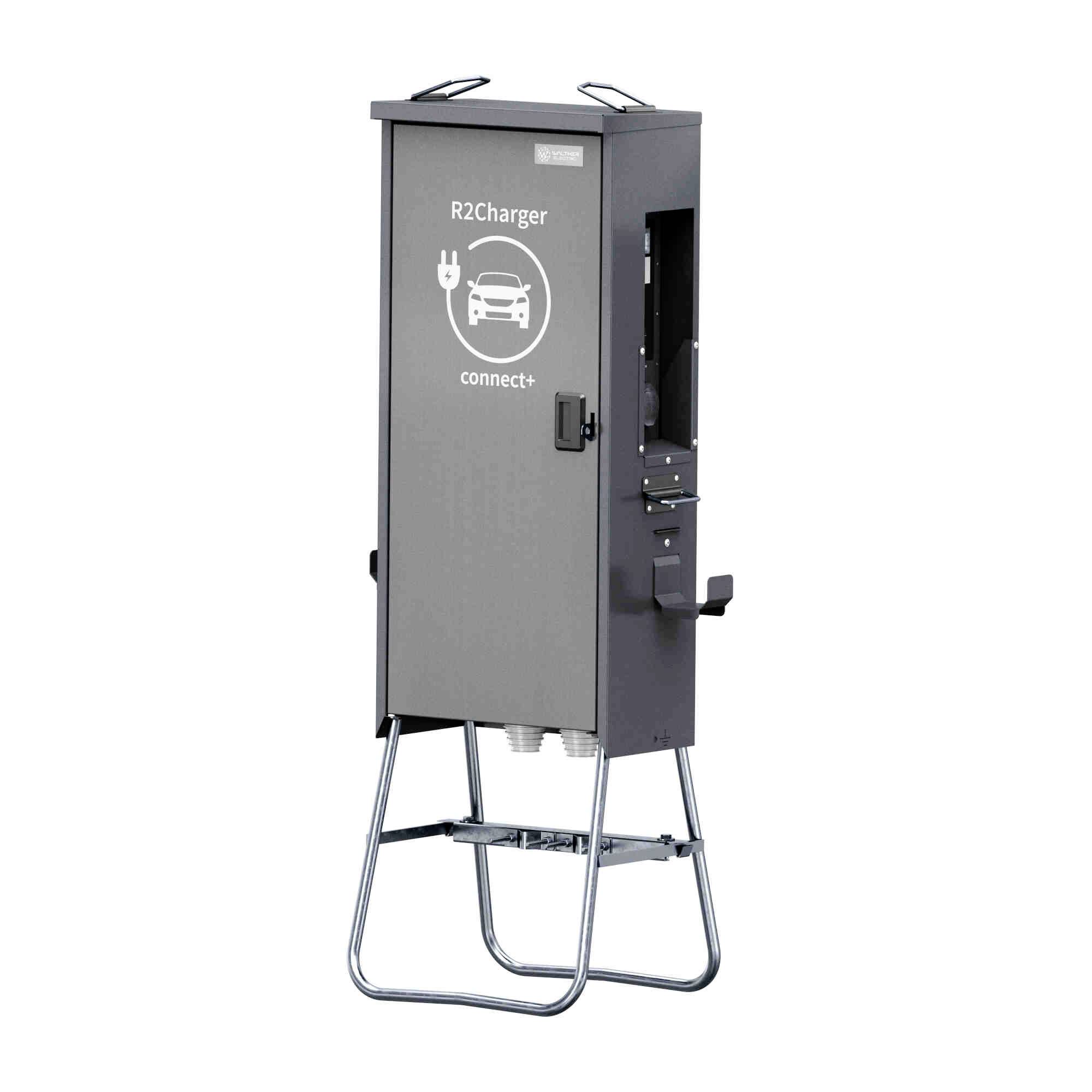 Szara ładowarka do samochodów elektrycznych R2Charger 'connect+' na metalowym stojaku, pokazana w widoku stylizowanym na produkt na białym tle.