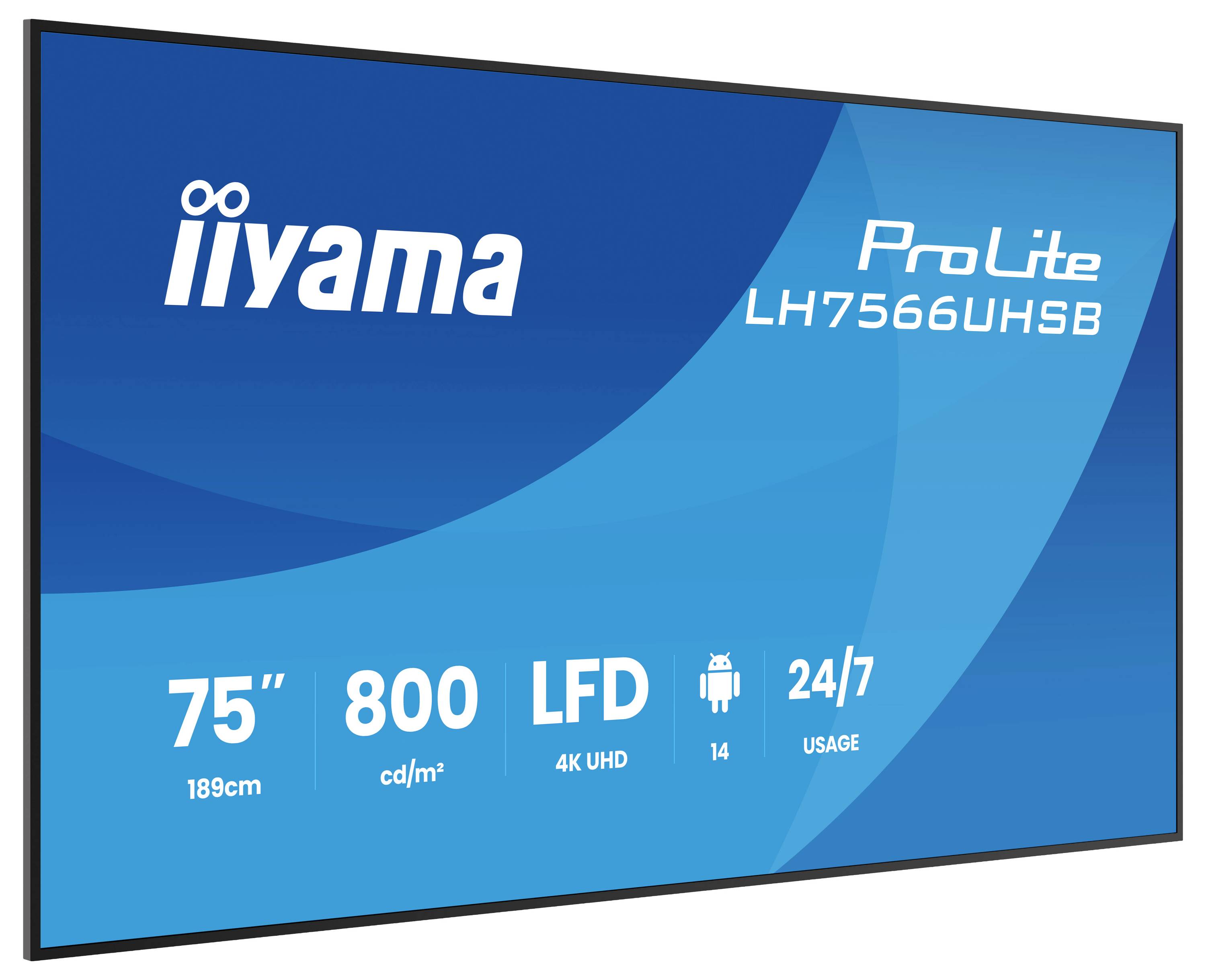 Obraz produktu wyświetlacza iiyama ProLite LH7560UHSB o przekątnej 75 cali 4K UHD, pokazujący jasność 800 cd/m² i obsługę użytkownika przez 24/7.