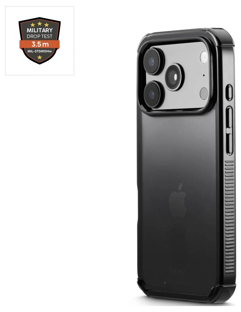 Czarna iPhone w wzmocnionej obudowie pokazana z emblematem „Wojskowy Test Upadu 3,5m", wskazującym na wzmocnioną ochronę.