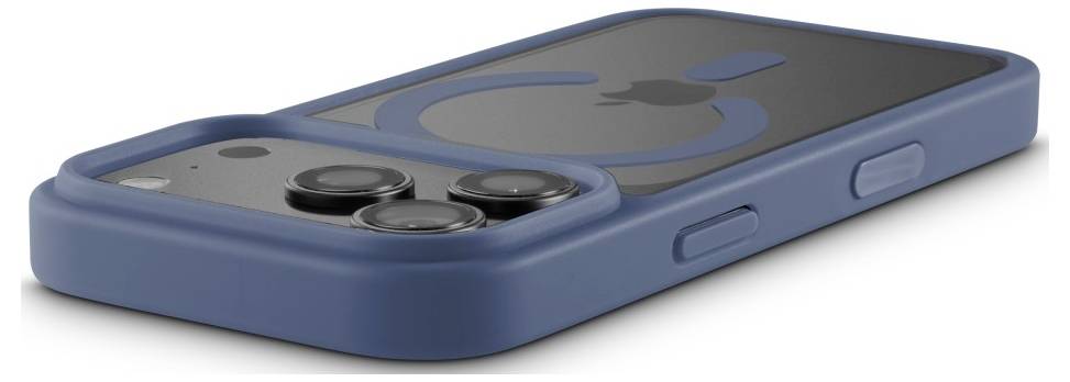Niebieski etui na smartfona z podwyższonym wycięciem na aparat i trzema okrągłymi otworami na obiektywy na białym tle.