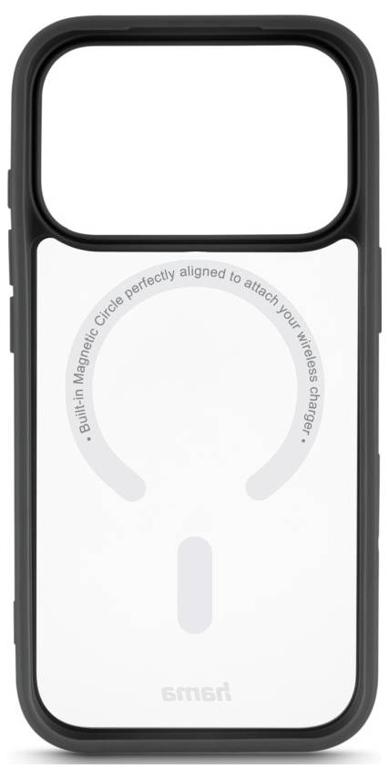 Czarna etui do telefonu z wbudowanym magnetycznym kołem i znakiem wyrównania do ładowania bezprzewodowego z tyłu; logo Hama na dole.