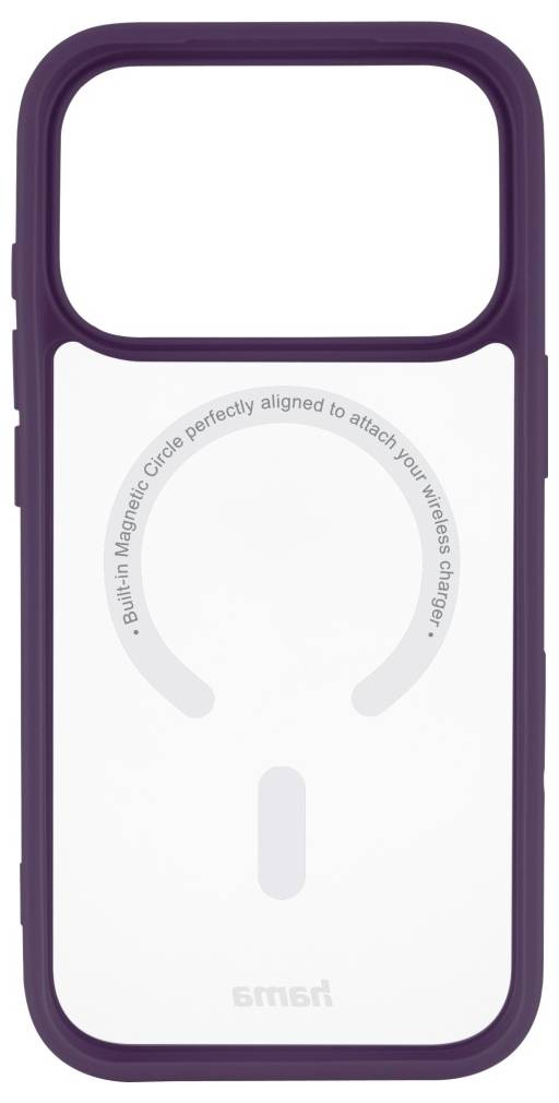 Fioletowe etui na iPhone'a z wbudowanym pierścieniem wyrównawczym MagSafe do ładowania i białym panelem tylnym, widok z przodu.
