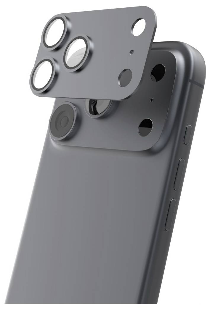 Szary smartfon z dołączonym wielosoczewkowym akcesorem aparatu i podniesionym ochronnym modułem aparatu w tylnym rogu.