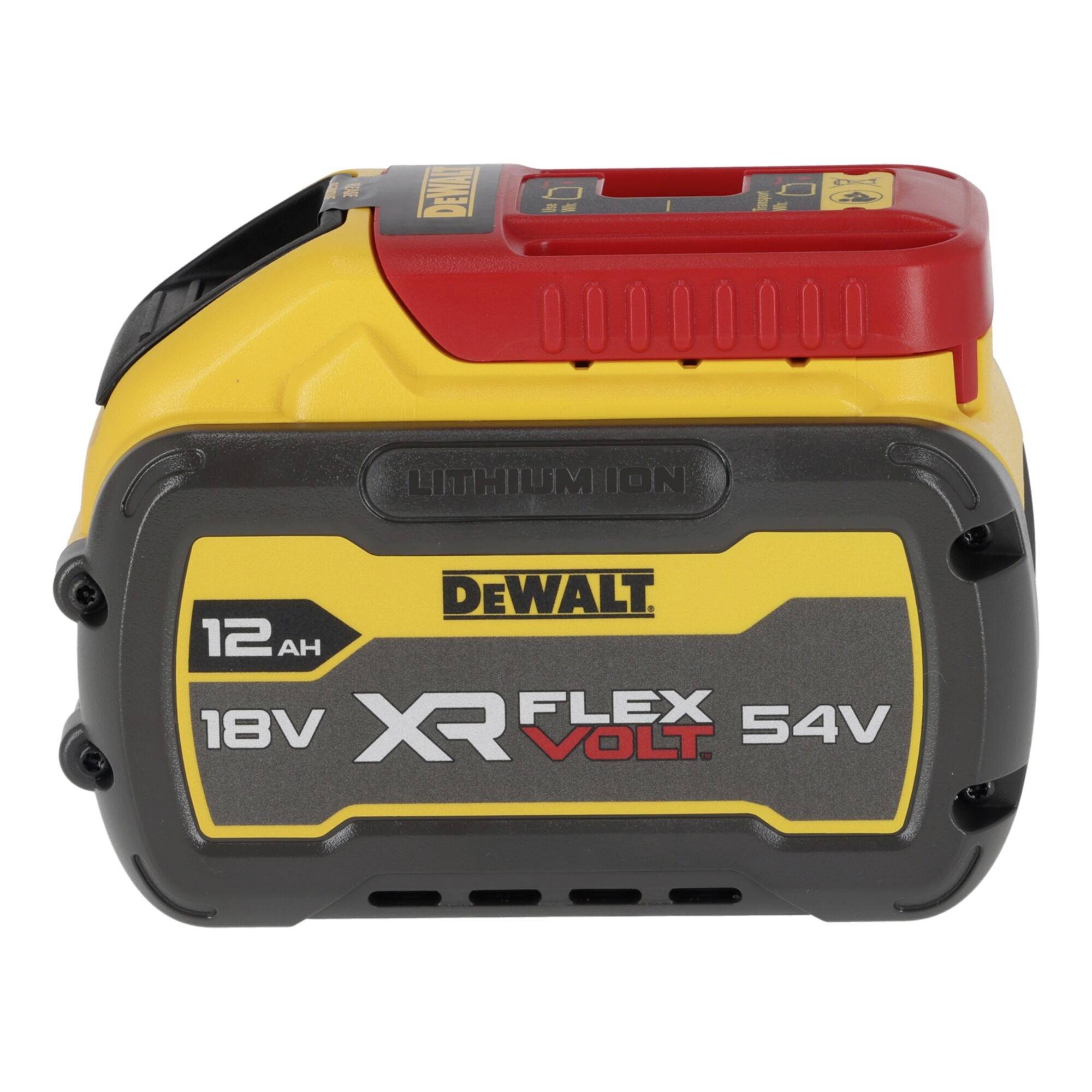 Pakiet baterii litowo-jonowej DeWalt 12Ah oznaczony '18V XR FLEXVOLT 54V' w kolorze żółtym, czarnym i czerwonym.