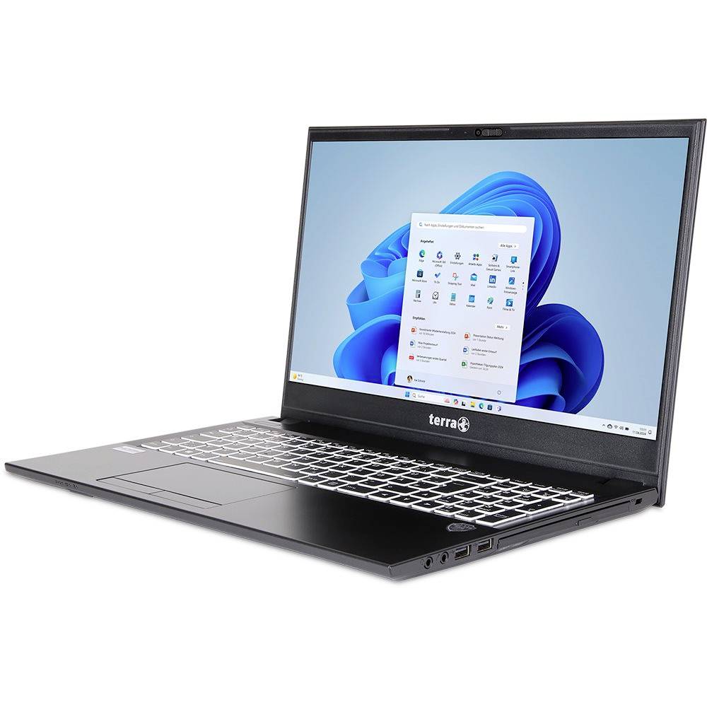 Laptop Black Terra pokazany otwarty z pulpitem Windows 11 i menu Start na ekranie, ustawiony pod kątem na białym tle.