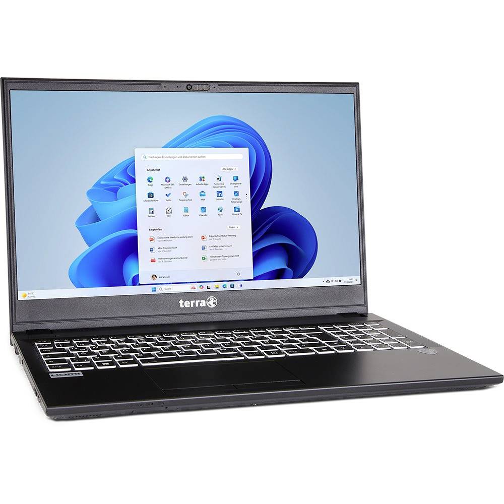 Laptop Black Terra otwarty na pulpicie Windows 11 z widocznym menu Start na ekranie, pokazany na białym tle.