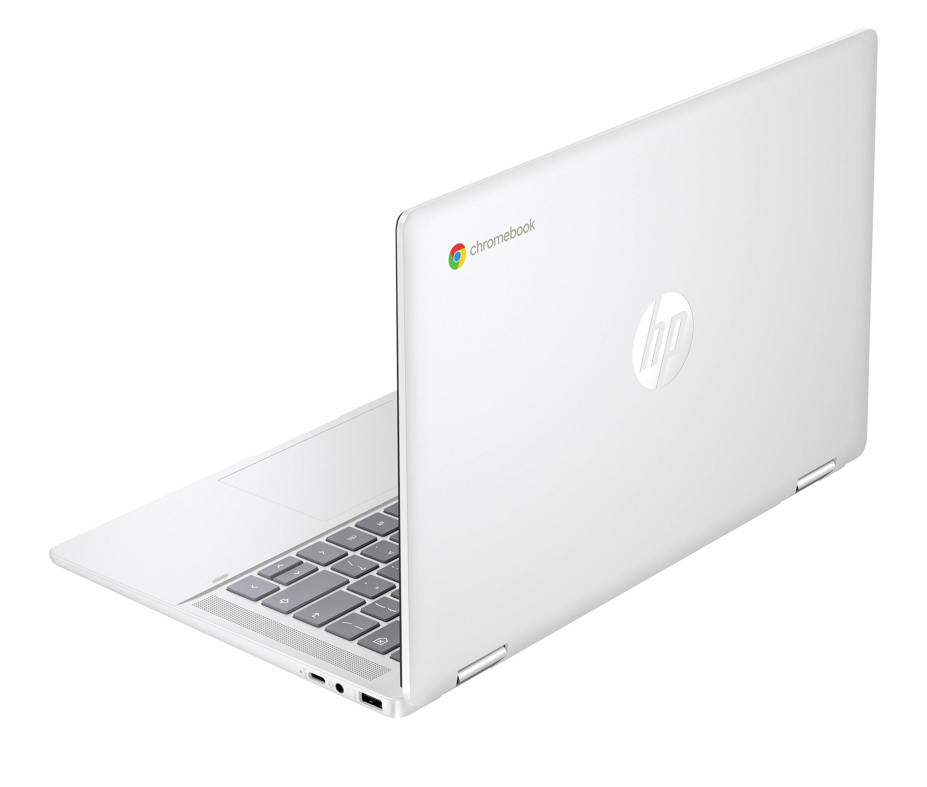 Srebrny laptop HP Chromebook pokazany częściowo otwarty z tyłu, z widoczną klawiaturą i logotypem Chrome'a na obudowie.