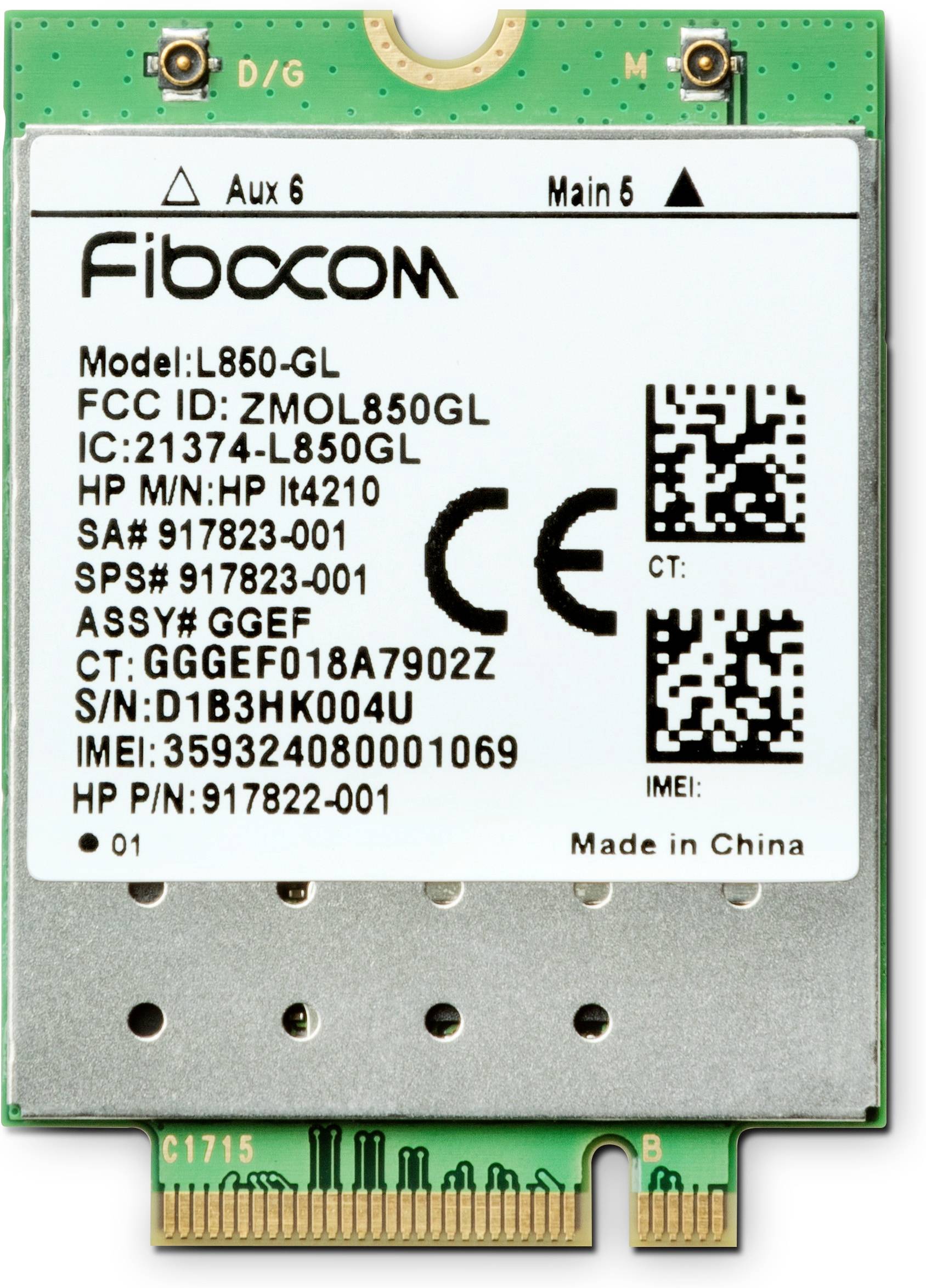 Etykieta na module bezprzewodowym Fibocom pokazująca model L850-GL, numery części FCC/HP, dwie kody QR i "Wyprodukowano w Chinach".