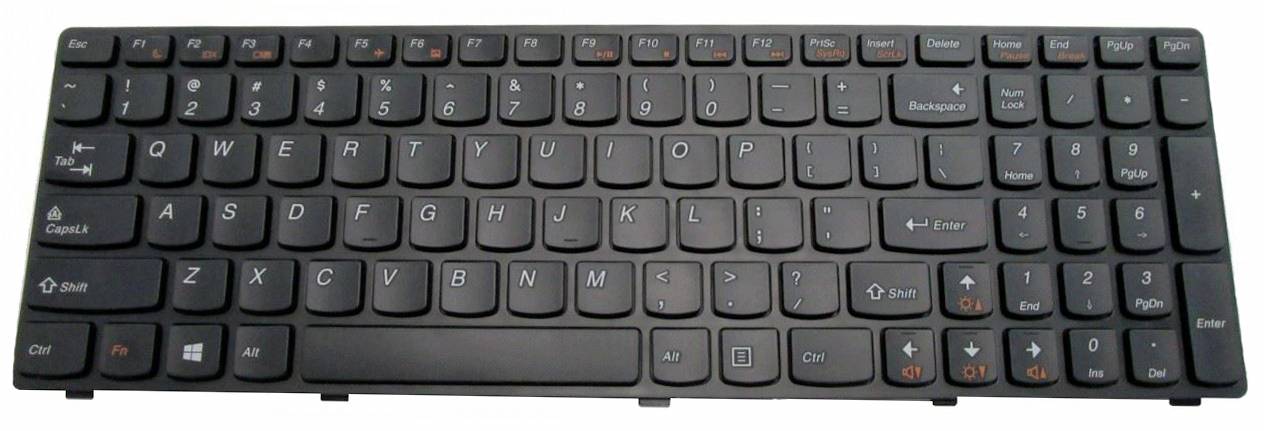 Czarna klawiatura laptopa z panelem numerycznym, pokazująca standardowe klawisze QWERTY, klawisze strzałek i obszar touchpada na srebrnej podstawie.