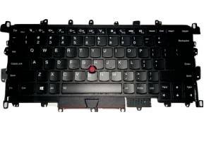 Czarna klawiatura laptopa z czerwonym TrackPoint'em i zintegrowaną płytką dotykową, pokazana na białym tle.