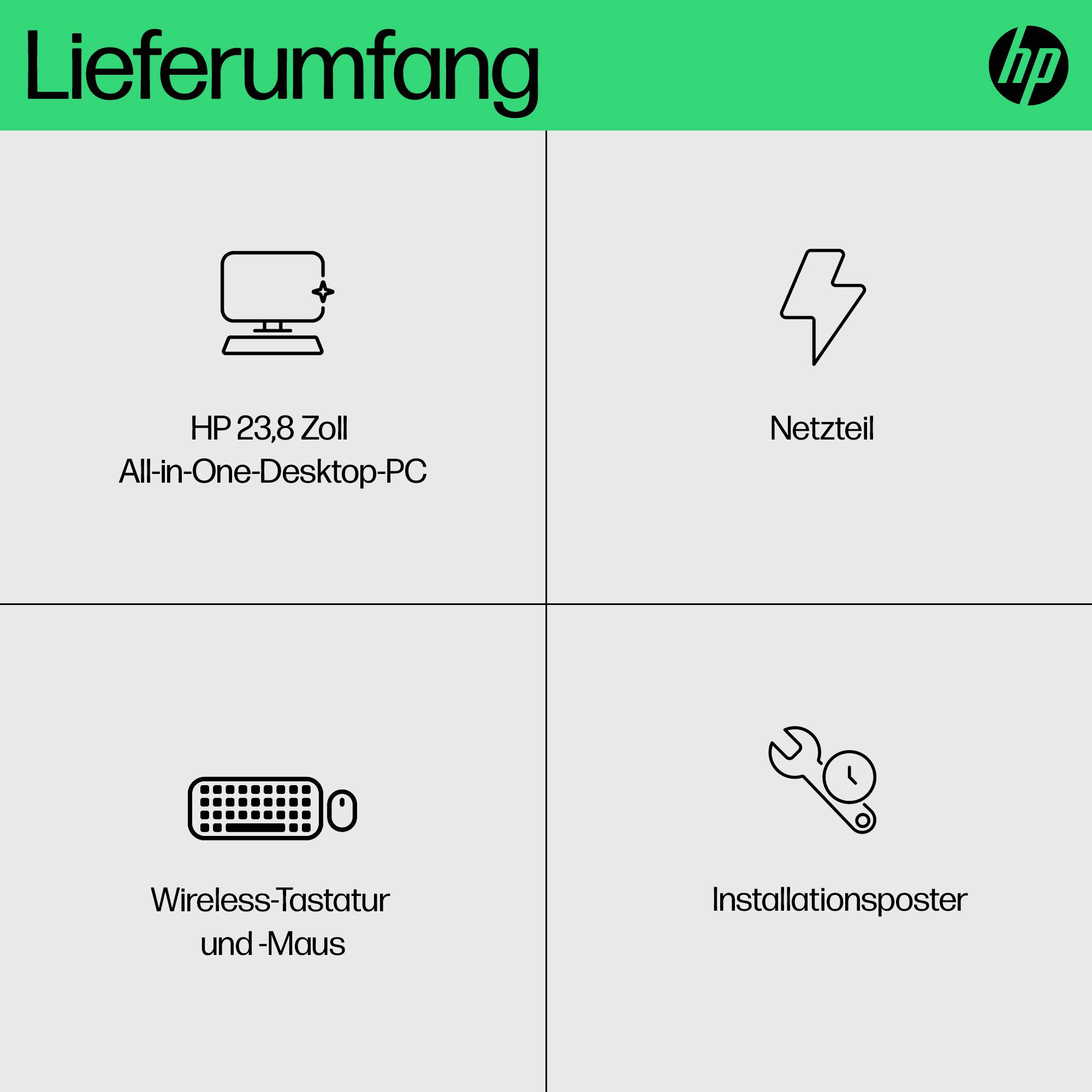 HP "Zakres dostawy" grafika zawierająca listę dołączonych przedmiotów: 23,8-calowy komputer stacjonarny typu all-in-one HP, adapter zasilający, bezprzewodowa klawiatura i mysz oraz plakat instalacyjny.