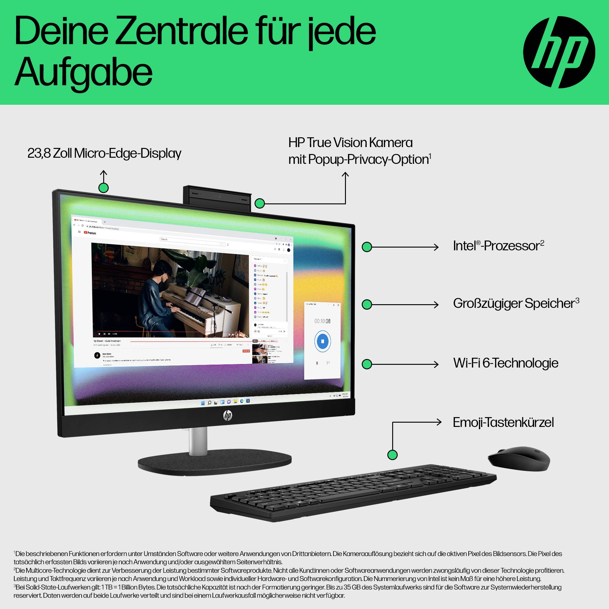 HP wielofunkcyjny komputer stacjonarny w niemieckiej reklamie, wyświetlający ekran 23,8 cala z mikrokrawędziami, wysuwającą się kamerę prywatności, procesor Intel, Wi‑Fi 6, dużą pojemność pamięci i klawisze skrótów.