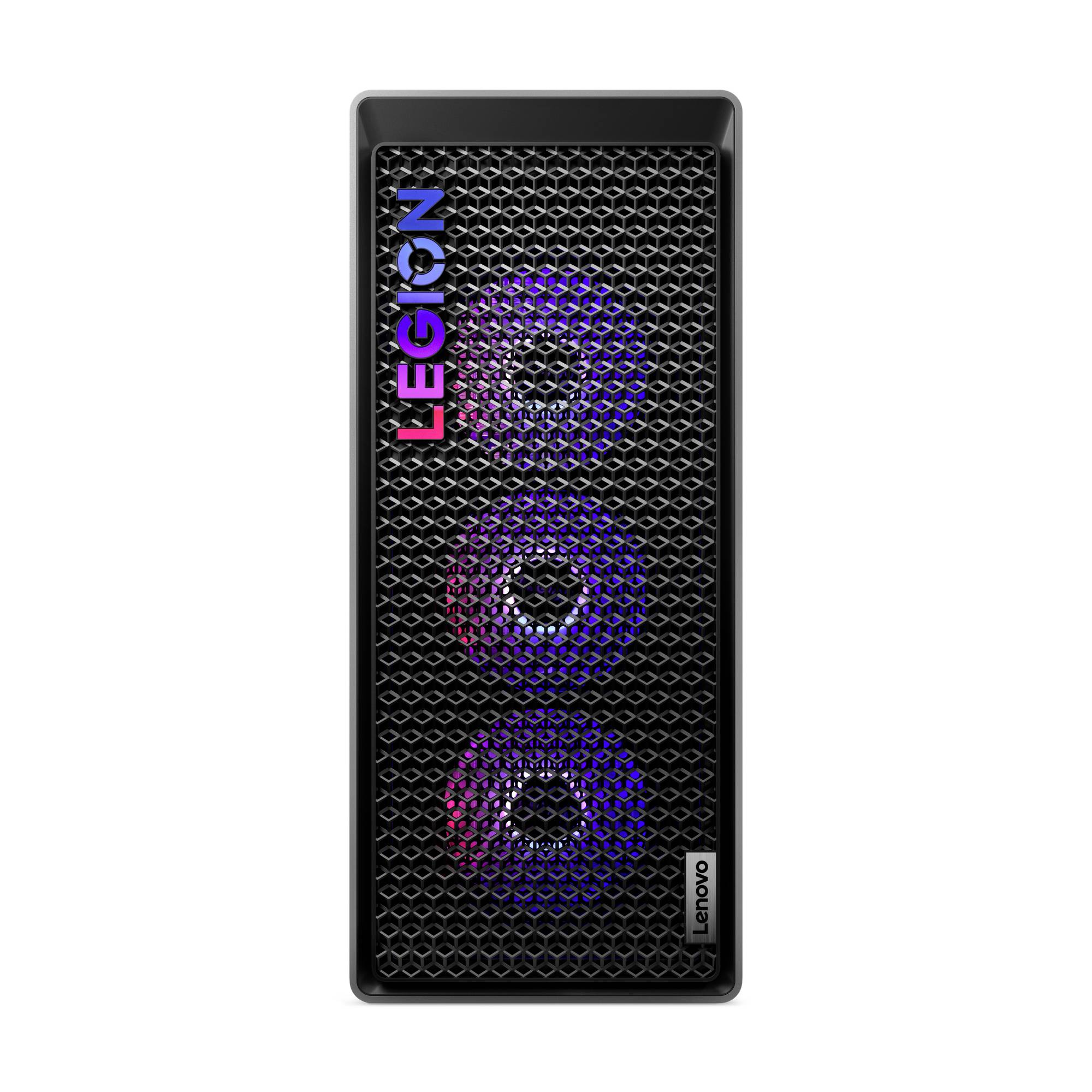Czarna wieża do gier Lenovo Legion z przednią siatką i trzema okrągłymi wentylatorami oświetlanymi RGB