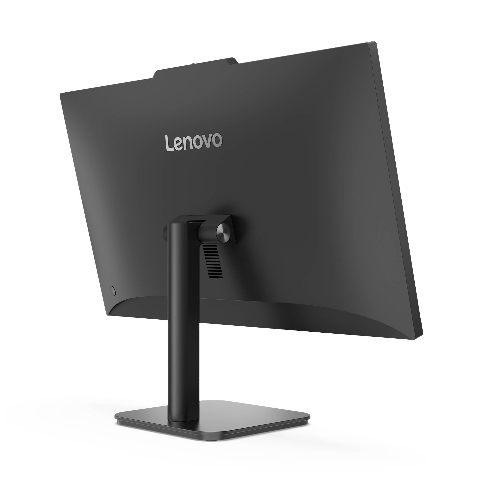 Widok z tyłu czarnego monitora komputerowego Lenovo na statywie na białym tle.