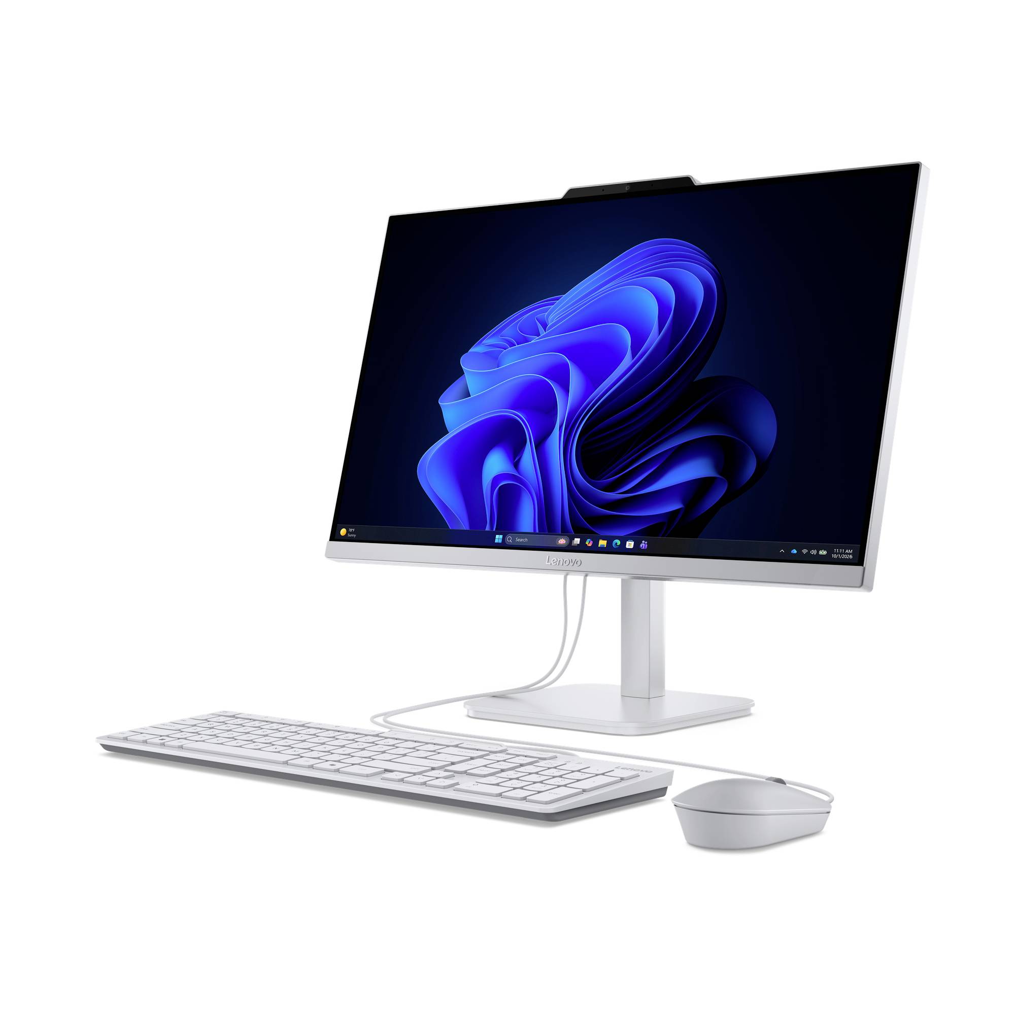 Biały komputer stacjonarny typu all-in-one z dużym monitorem wyświetlającym niebieską abstrakcyjną tapetę w stylu Windows, plus pasujące do niego klawiatura i mysz na białym tle.