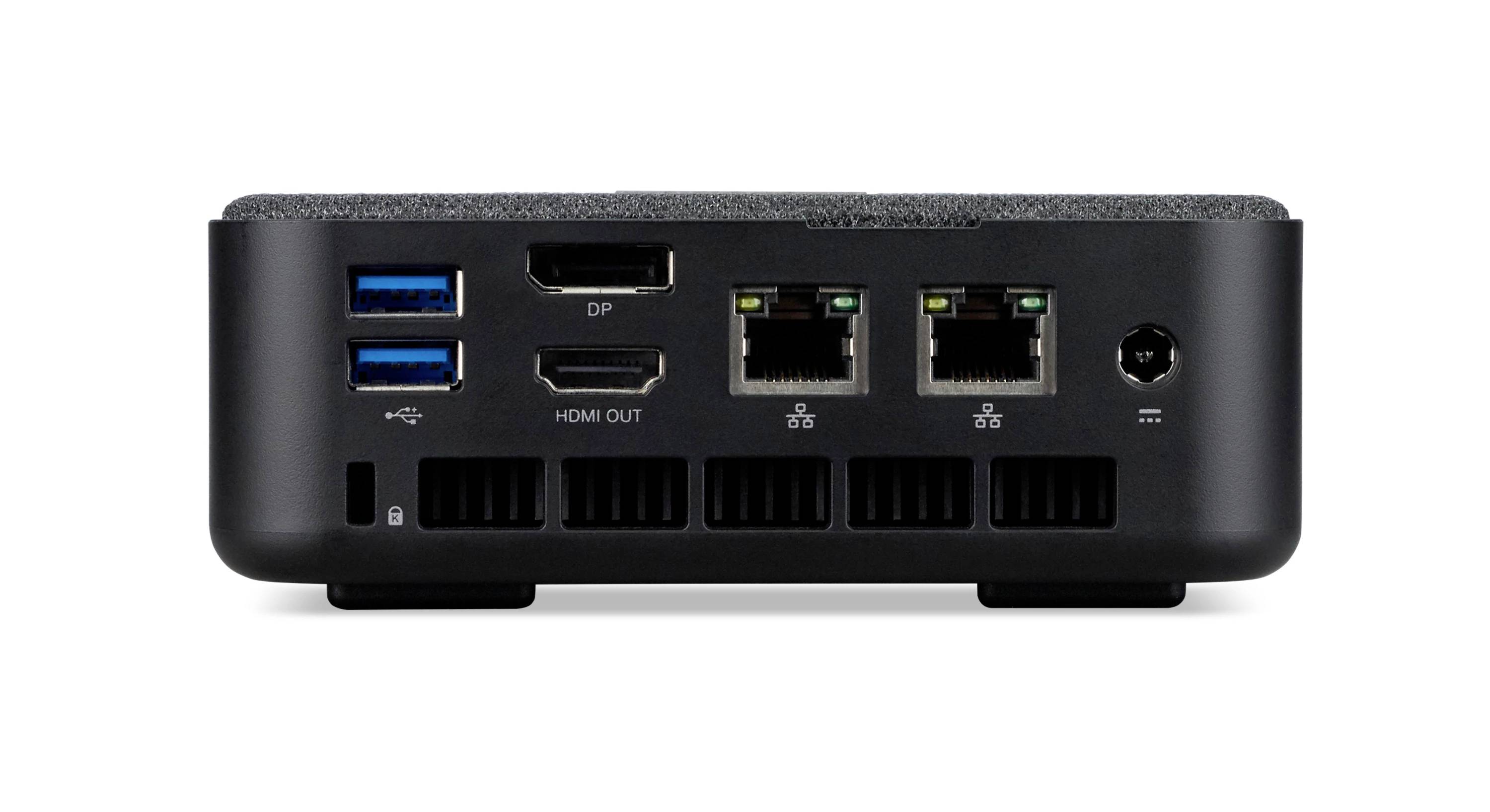 Widok z tyłu kompaktowego mini PC-a pokazujący dwa porty USB, DisplayPort, wyjście HDMI, dwa porty Ethernet oraz gniazdo zasilania.