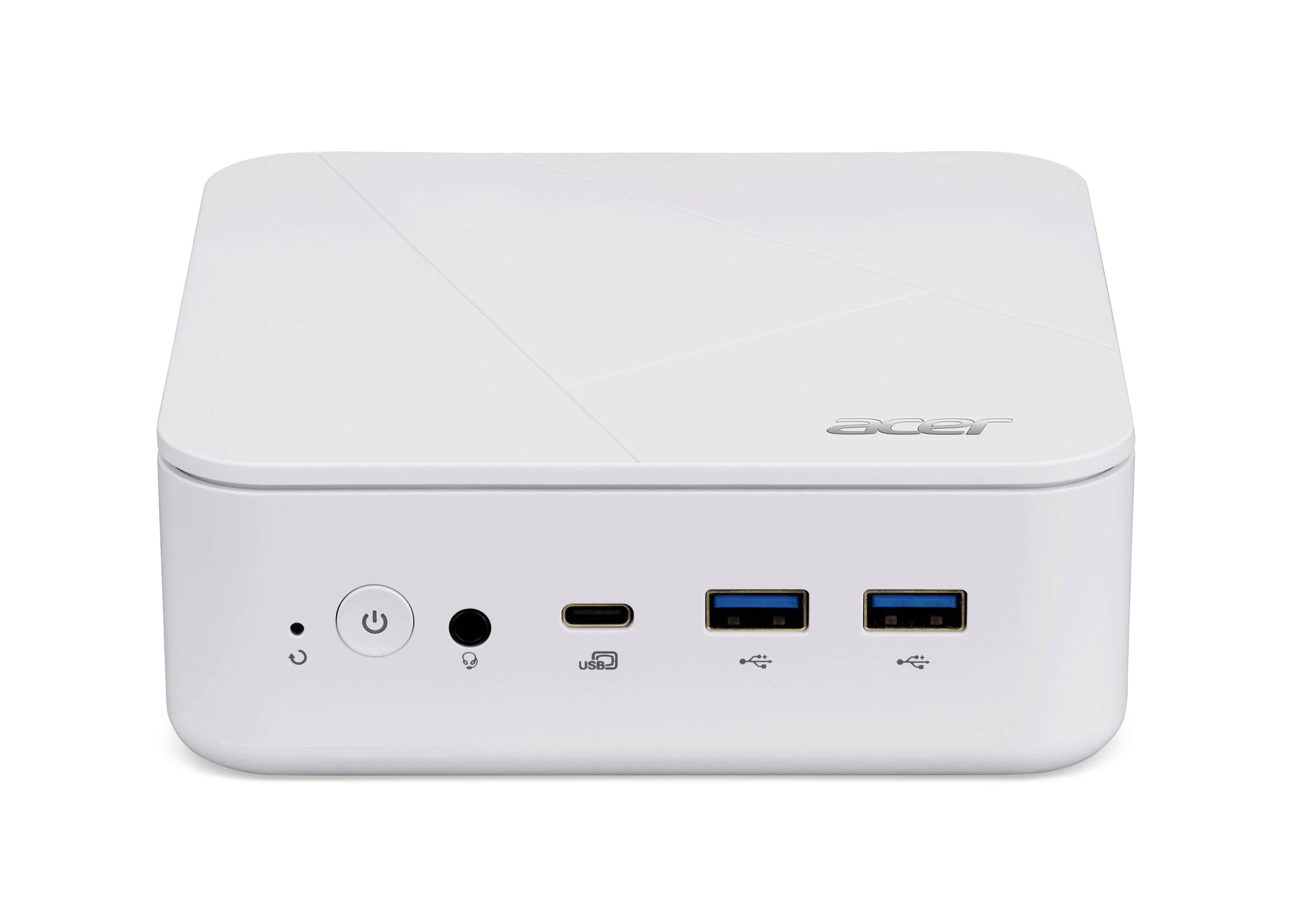 Widok frontalny białego mini komputera stacjonarnego Acer z przyciskiem zasilania, portem USB-C i dwoma portami USB-A na panelu przednim.