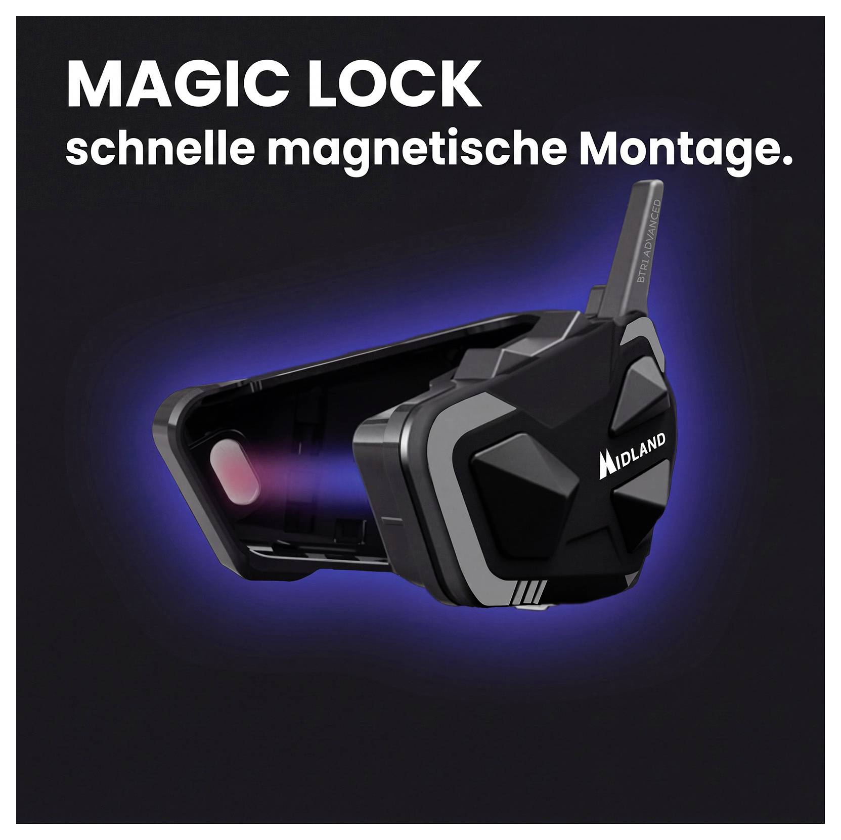 Promocyjne zdjęcie mocowania Midland 'MAGIC LOCK' pokazujące urządzenie z szybkim magnetycznym przyłączeniem; tekst brzmi 'szybkie magnetyczne mocowanie.'