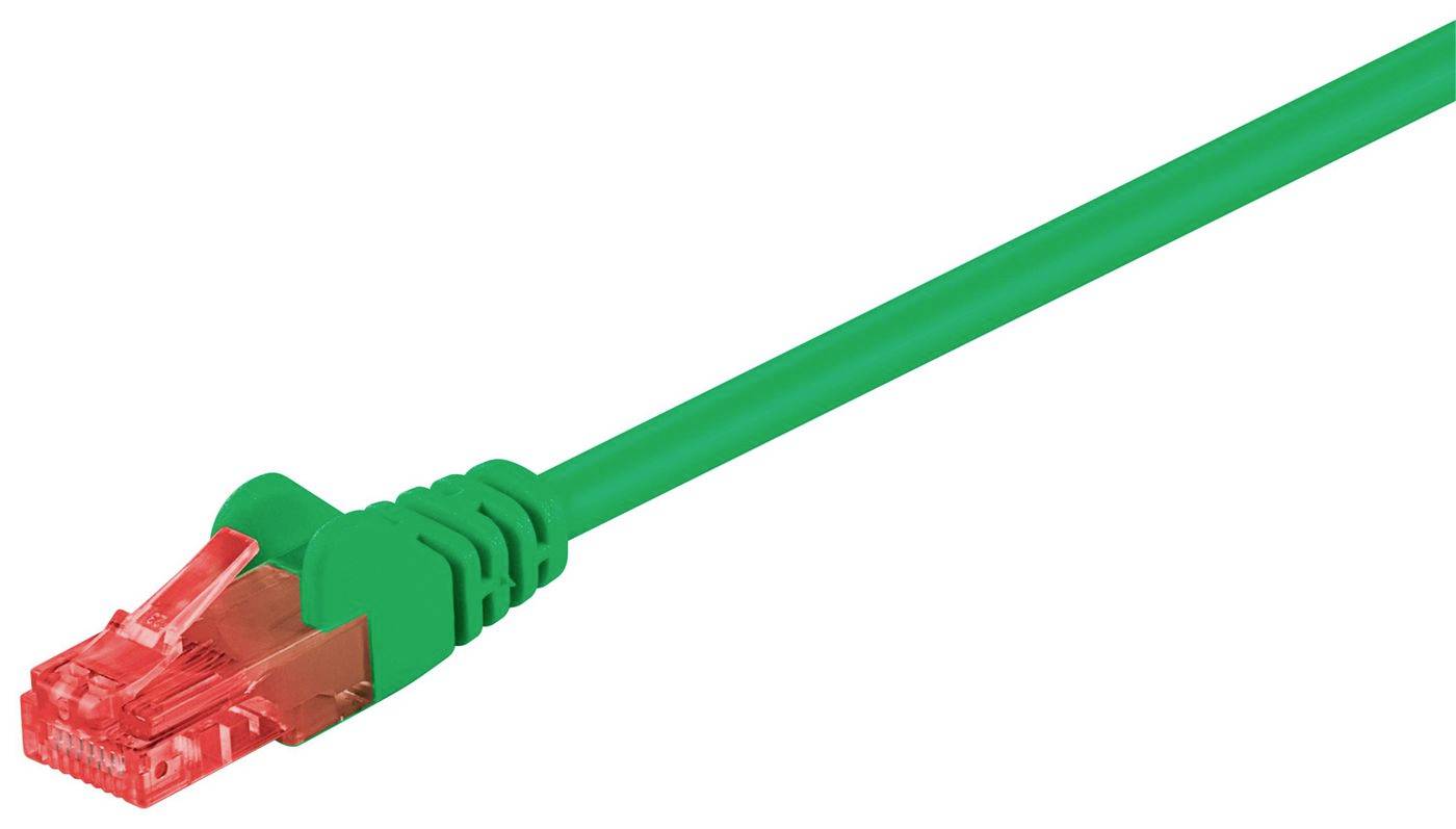 Zielony kabel Ethernet z czerwonym złączem RJ45 na białym tle.