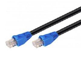 Dwa czarne kable Ethernet z niebieskimi złączami RJ45 na białym tle.