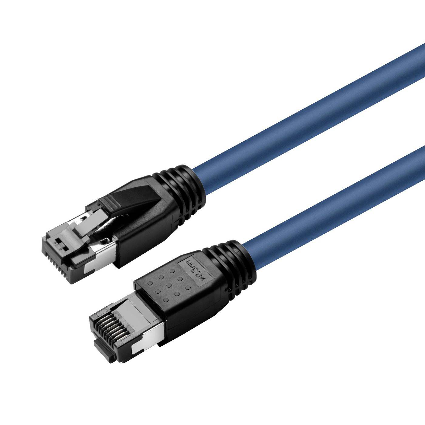 Dwa niebieskie kable Ethernet z wtyczkami RJ45 pokazane na białym tle.