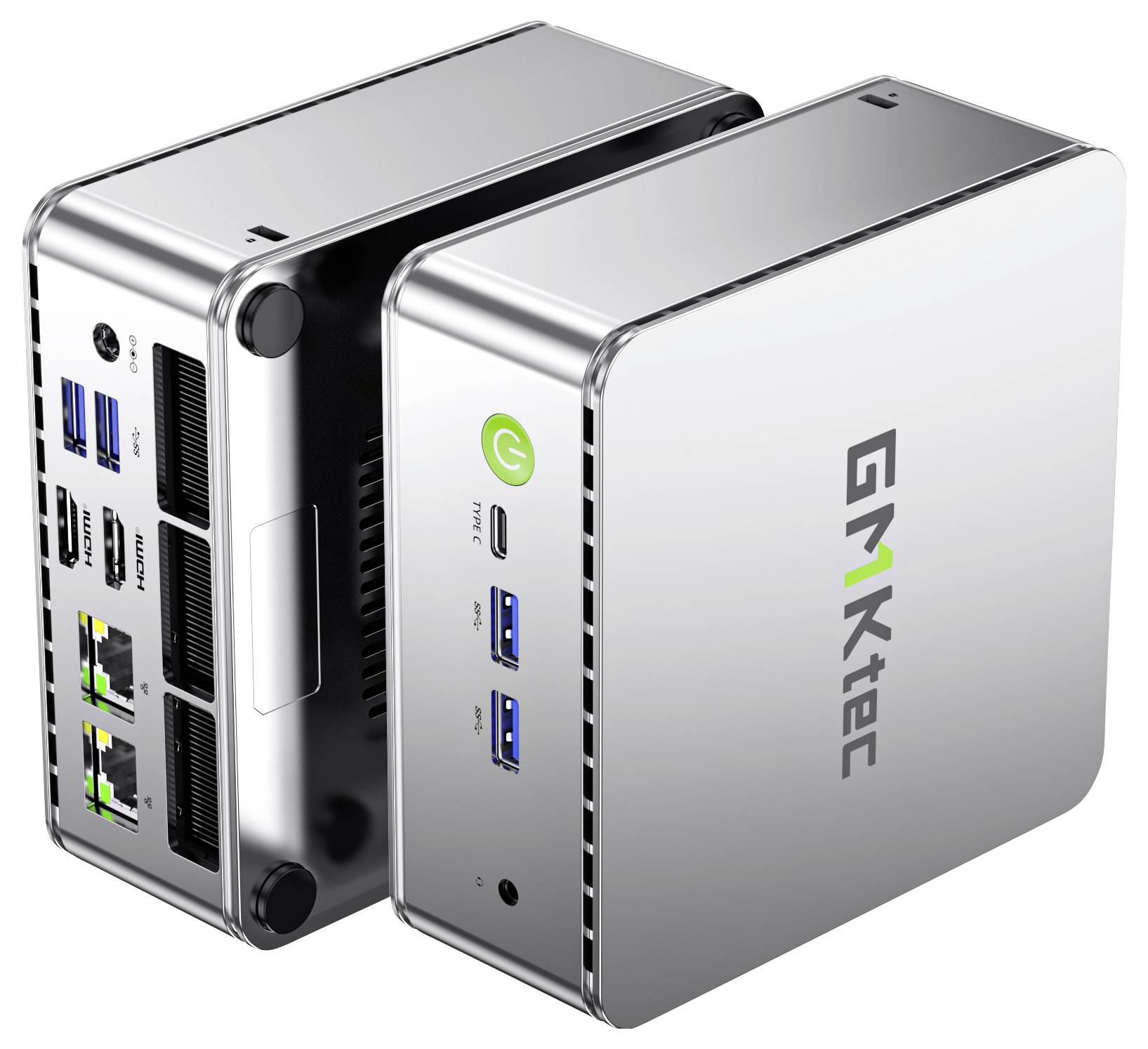 Dwa kompaktowe srebrne mini komputery zaprezentowane obok siebie, każdy z widocznymi portami USB i Ethernet; przednia jednostka nosi markę GMKtec.
