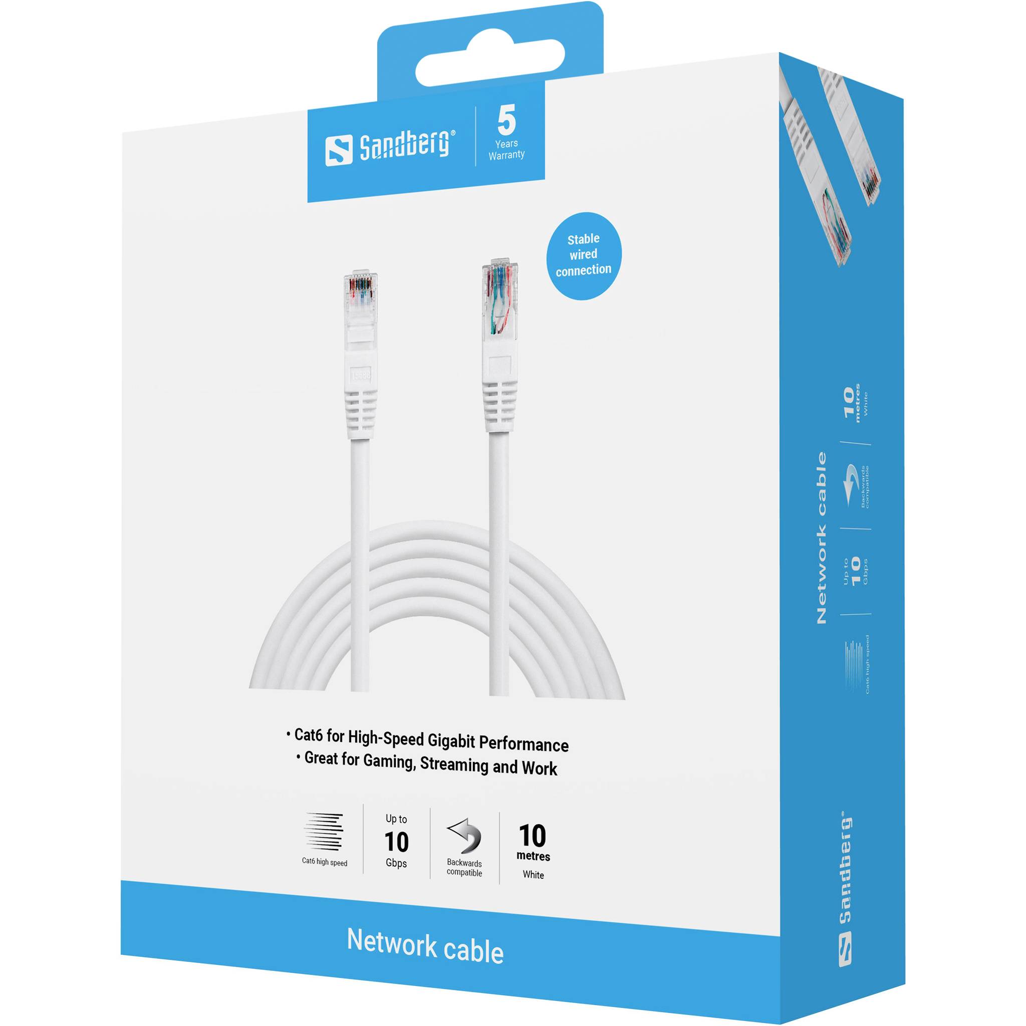 Opakowanie kabla sieciowego Sandberg pokazuje biały 10-metrowy kabel Cat6 z złączami RJ45, oznaczony do wysokowydajnej gigabitowej wydajności i gier/streamingu/pracy.