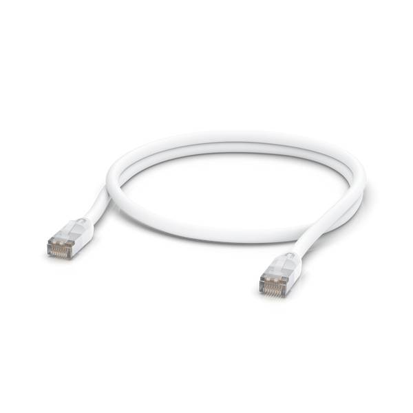 Biały kabel sieciowy Ethernet z złączami RJ45 na obu końcach, zwinięty na neutralnym tle.