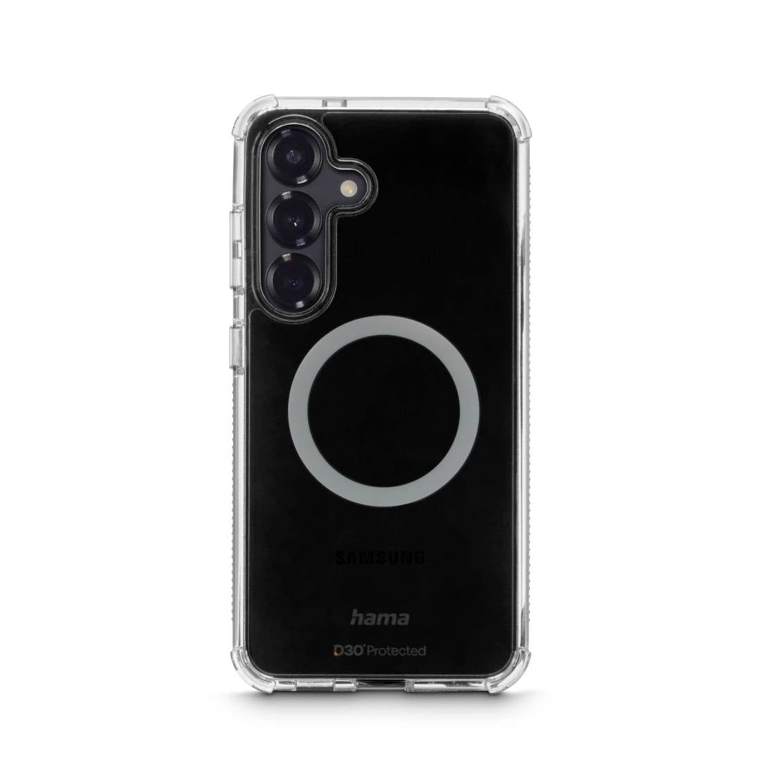 Czarny smartfon Samsung w przezroczystym etui ochronnym, wyposażony w kołową ringę w stylu MagSafe na tyle urządzenia.