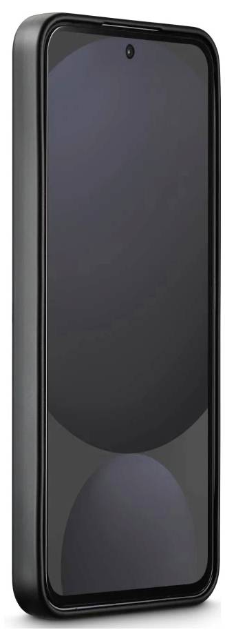 Czarny smartfon pokazany od frontu z wyłączonym ekranem i centralnym wycięciem aparatu frontowego.