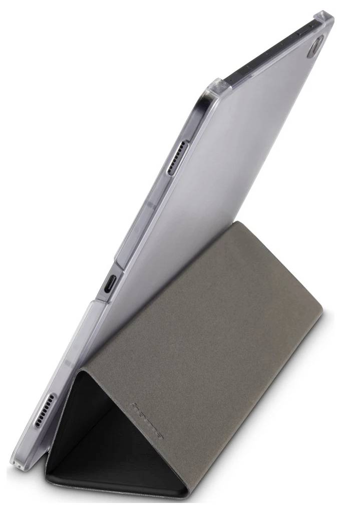 Tablet w szarej składanej etui stojącej, pokazany w orientacji portretowej na białym tle.