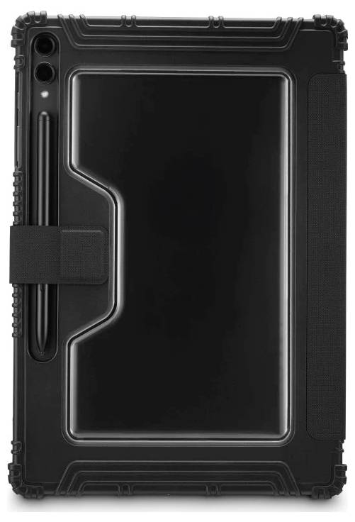 Czarny wytrzymały etui na tablet z wbudowanym uchwytem na rysik i wzmocnionymi krawędziami, widok z przodu.