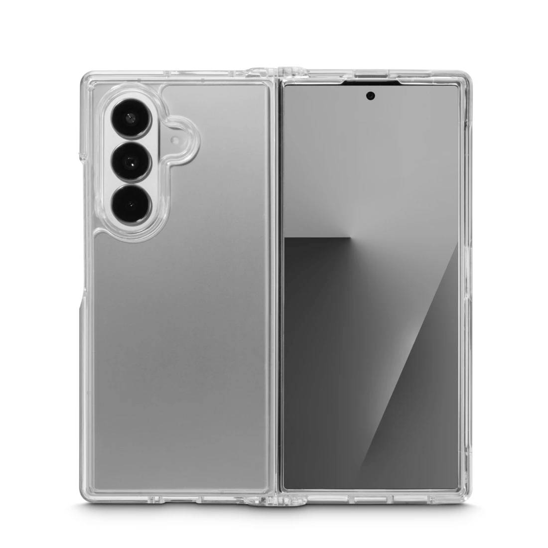 Składany smartfon pokazany otwarty wewnątrz przezroczystego etui ochronnego, z potrójnymi kamerami na tylnej stronie po lewej połowie i szarym ekranem po prawej.