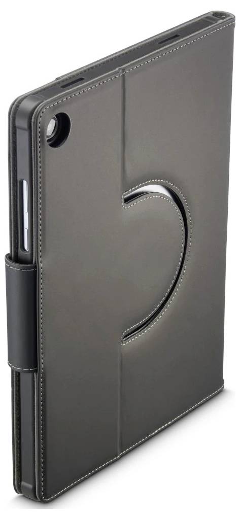 Czarna etui do tabletu w stylu folio z zaokrąglonym wycięciem na froncie i otworem na kamerę z tyłu.