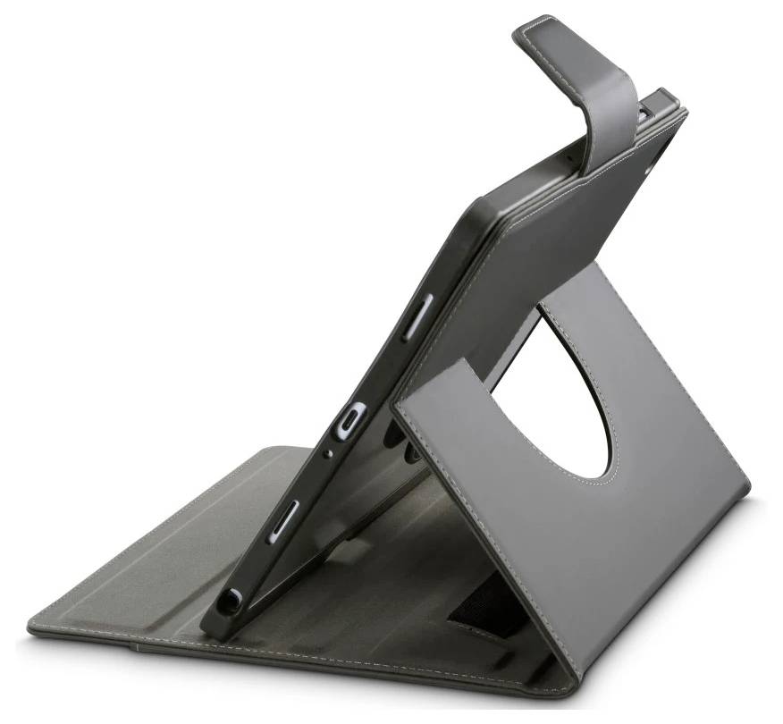 Czarny tablet w szarej składanej etui stojaka na białym tle, pokazany pod kątem otwartym do przeglądania lub pisania.
