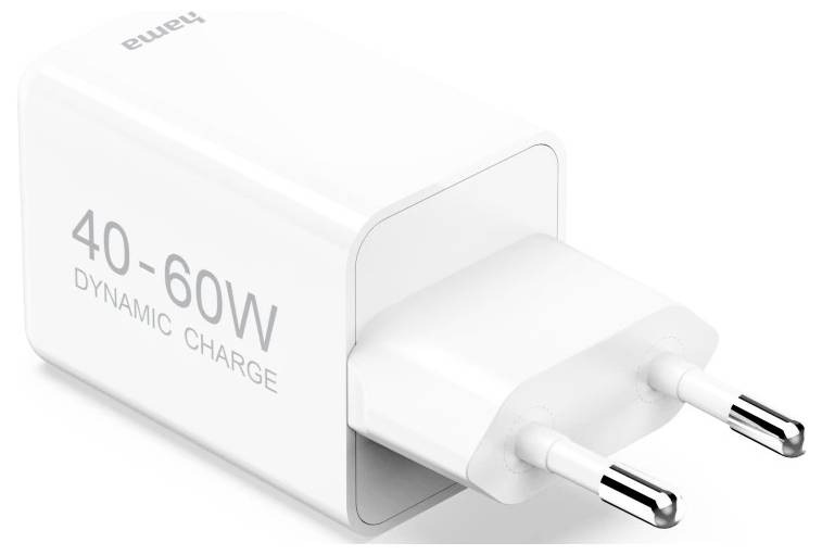 Biała ładowarka sieciowa Hama z wtyczką dwubolcową, oznaczona „40-60W Dynamic Charge".