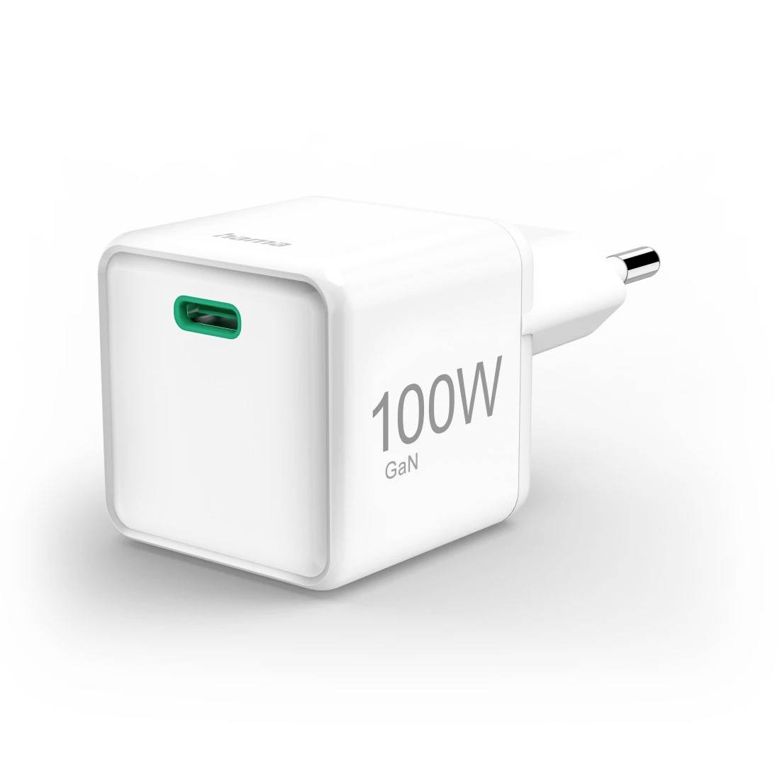 Biała ładowarka sieciowa 100W GaN z jednym portem USB-C i wtyczką europejską.