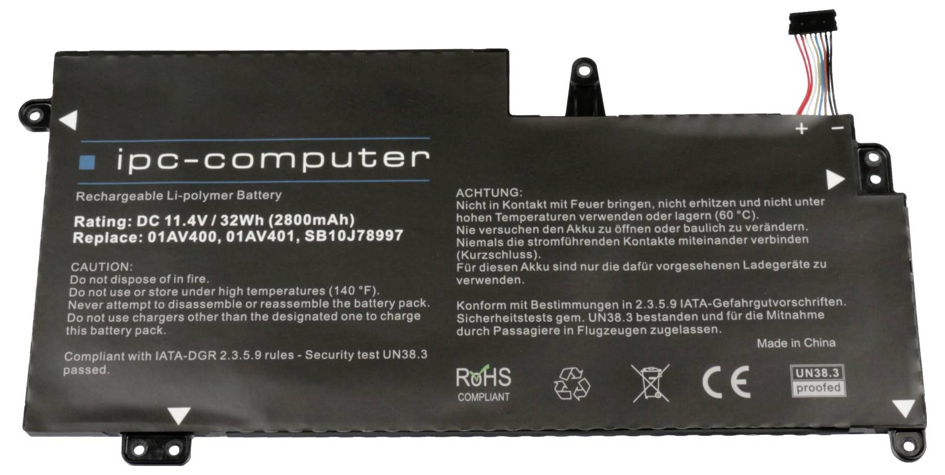 ipc-computer Batterie dordinateur portable Akku 01AV400 REPLACE 11.40 V 2800 mAh IPC-Computer — Photo 3 sur 3