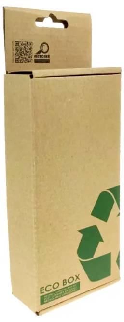 Brązowe pudełko kartonowe z uszkiem do zawieszenia, kodem QR i zielonym logiem recyklingu oznaczonym „ECO BOX".